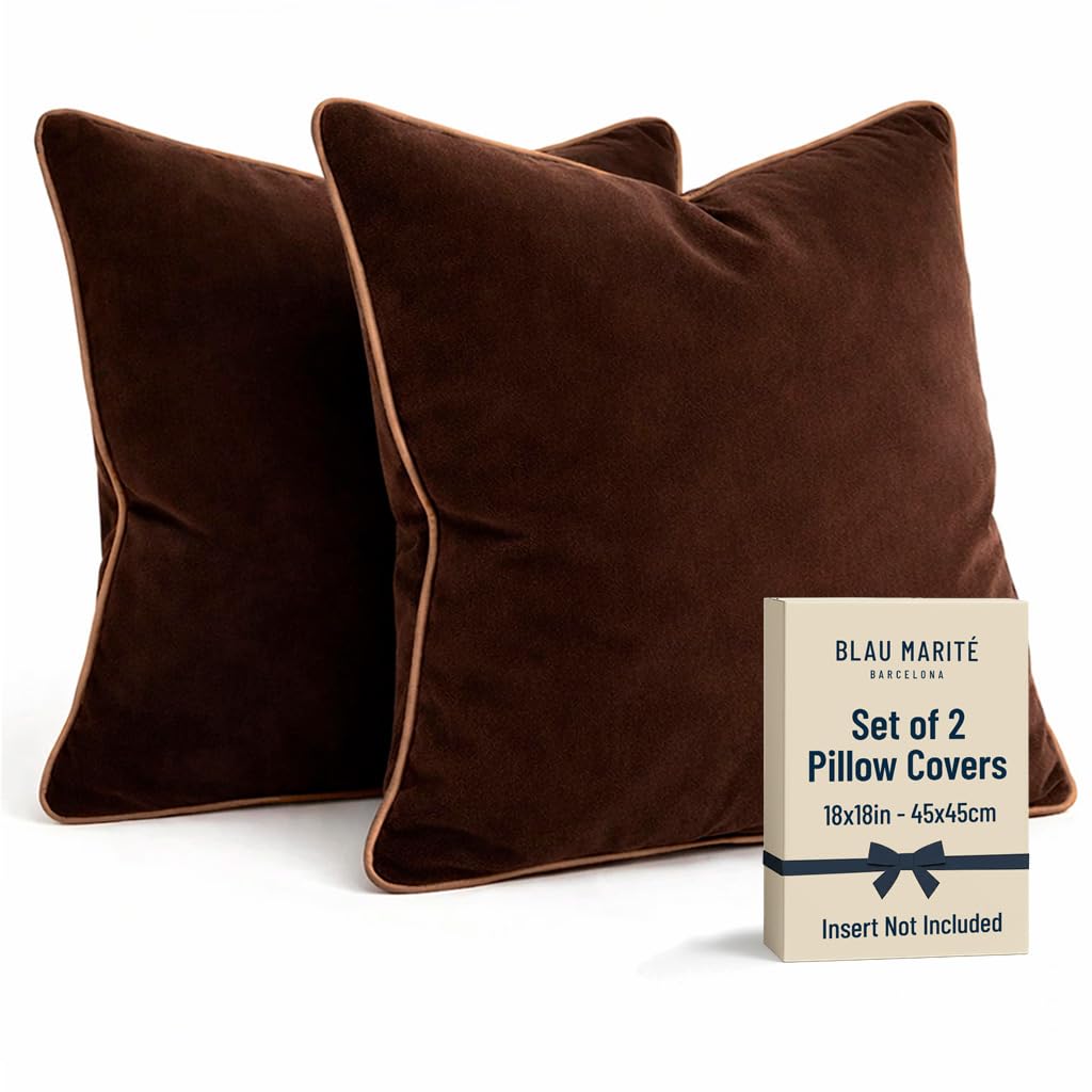 Blau Marité Set of 2 Velvet Throw Pillow Covers with Contrast Piping, Soft Decorative Cushion Covers, Brown and Camel, 18"x18" (45x45 cm).