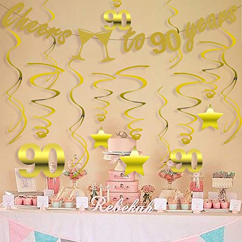 Gold 90th Birthday Party Decorations KIT - Cheers to 90 Years Banner, Sparkling Celebration 90 Hanging Swirls, Perfect 90 Years Old Party Supplies 90th Anniversary Decorations