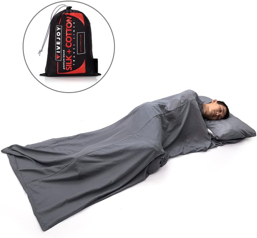 FiveJoy Premium Silk Cotton Blend Sleeping Bag Liner with Built-in Pillow Case - Lightweight Compact Breathable Absorbent Travel Sheet - Sleep in Clean Luxurious Comfort - Camping Backpacking Hostel