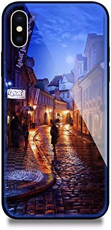 iPhone X Case, iPhone 10 Case, Weiduka TPU + Blue Light Ray Crystal Steel Tempering Glass Case, Mirror Glass Floral Pattern Painted Bumper Protective Phone Cover for iPhone X / 10 (Rainy day street)