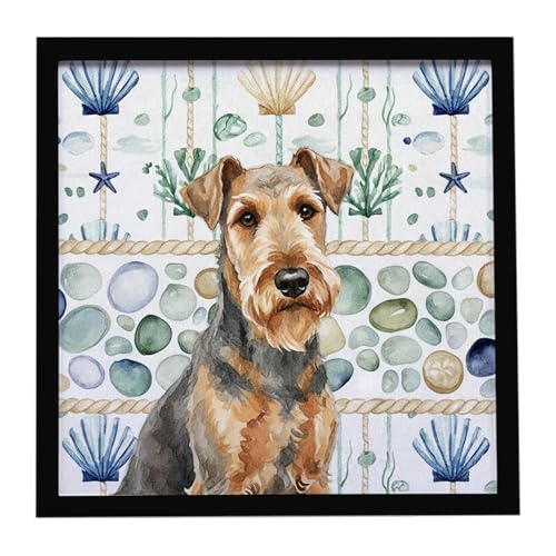 Caroline's Treasures Grizzle Airedale Terrier Coastal Sea Glass Framed Metal Pr…