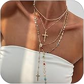 LNNVKRV Layered Gold Cross Necklaces for Women Adjustable Colorful Beads Cross Long Y-Shaped Pendant Chain Necklace Trendy party Jewelry For Women
