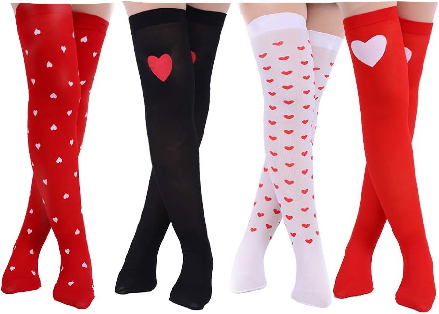4 Pairs Valentine's Day Socks Heart High Knee Socks Thigh High Socks Over Knee Socks for Women Girl Girlfriend Valentine's Day Gift