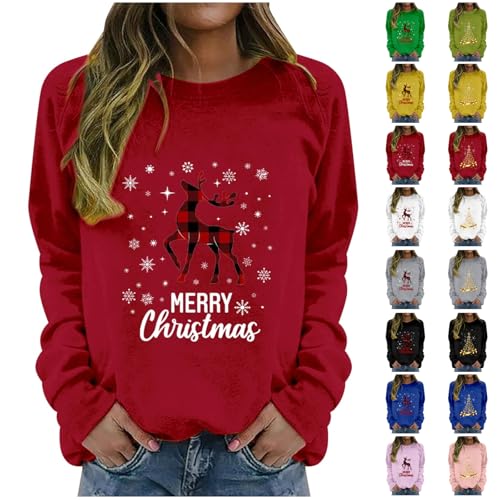 Christmas Sweatershirt for Women Uk Xmas Tree Print T-Shirts Plus Size Novelty Funny Long Sleeve Santa Print Reindeer Graphic Blouse Ugly Tee Shirt Pullover Holiday Top Womens Polo Neck Jumper