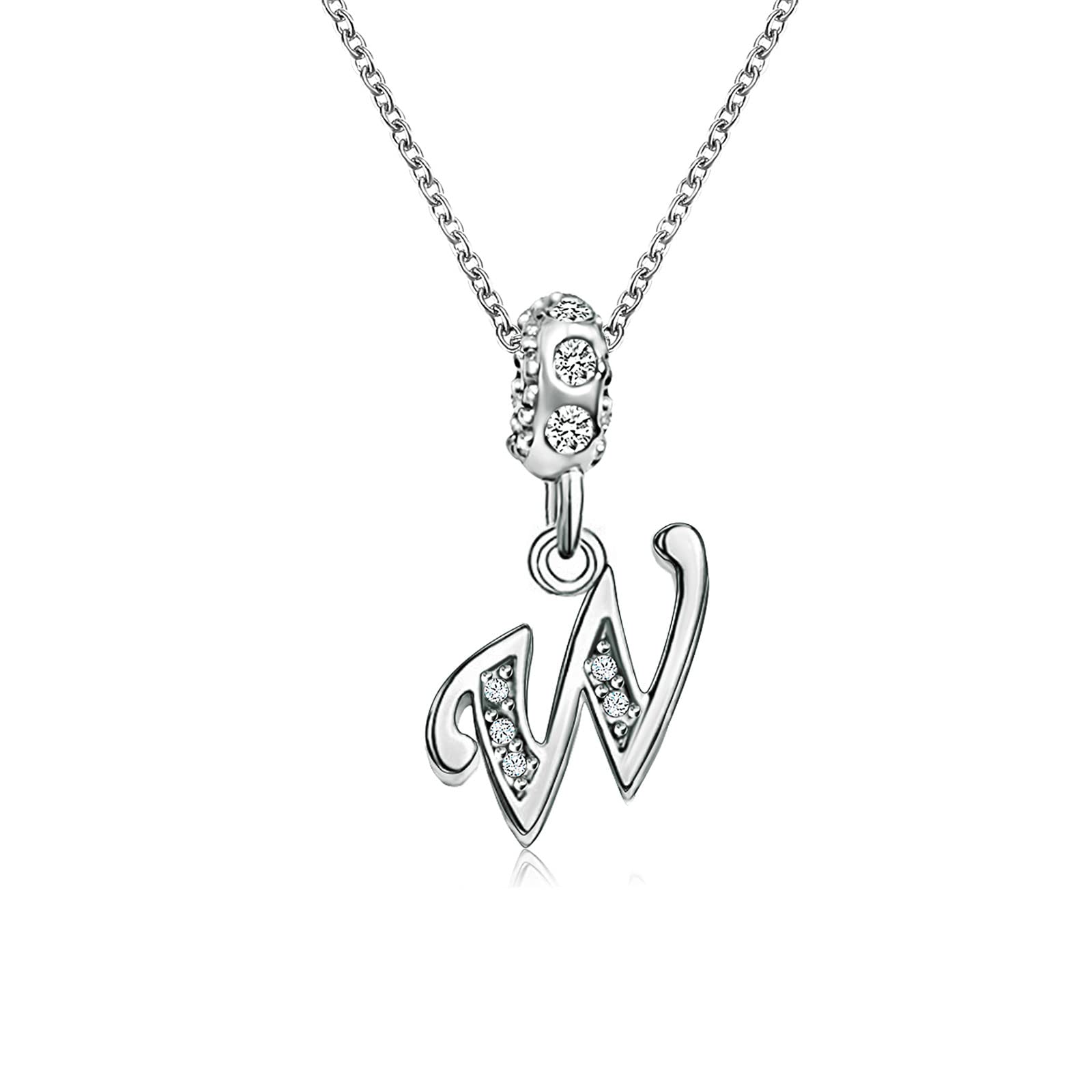KunBead Jewelry Girls 18 inch Letter W Initial Crystal Alphabet Name Charm Pendant Necklace