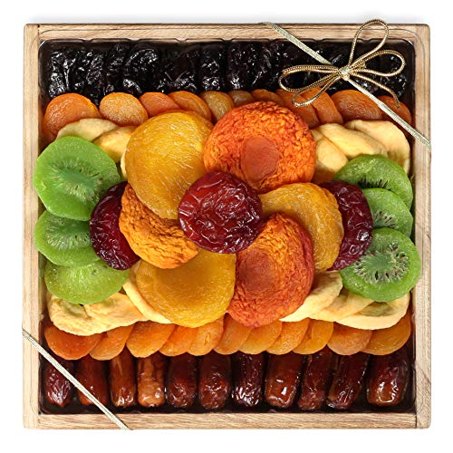 Milliard Dried Fruit Gift Platter Basket Arrangement Nut Free on Wood Tray for Occasions including New Years, Valentines Day, Mothers Day and Holiday - 25 Ounce Assortment