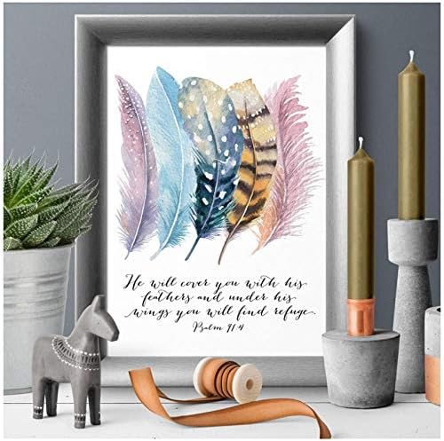 Bible Verse Psalm 91:4 Poster Canvas Art Prints, Birds Feathers Scripture Christian Quotes Canvas Painting Wall Art Home Decor-42x60cm-No Frame