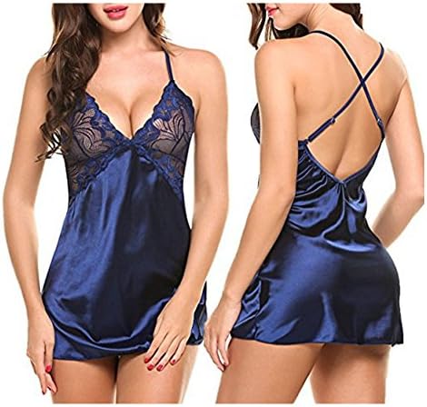 WeeH Sexy Womens Sleepwear Silk Pajamas For Women V Neck Lace Dress For Sleeping Royal Blue M