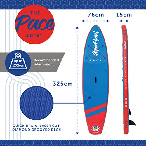 aquaplanet 10ft 6" x 15cm PACE Stand Up Paddleboard - Incl: SUP, Hand Air Pump w/Pressure Gauge, Adjustable Aluminum Floating Paddle, Repair Kit, Rucksack, Coiled Leash & 4 Kayak Seat Ring Fittings