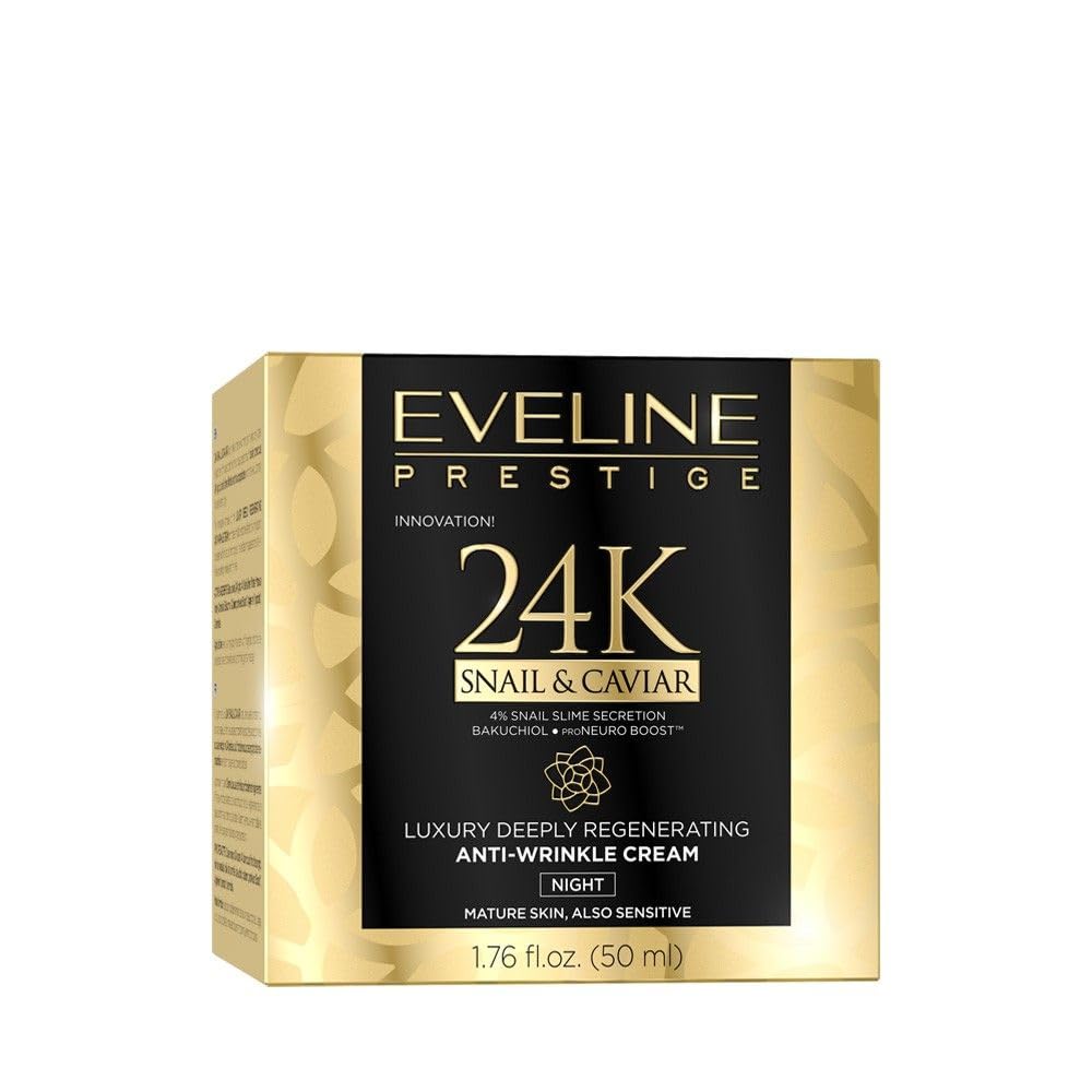 Eveline Cosmetics Prestige 24K Luxury Deep Regenerating Anti-Wrinkle Night Cream with Black Caviar, 24K Gold, Snail Mucin, and Manuka Honey - 50 ML
