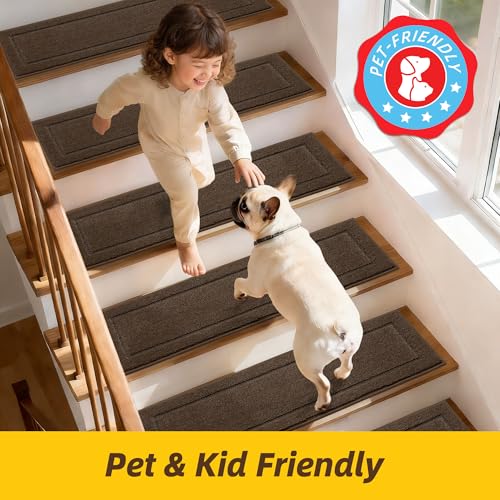 Non-Slip Stair Treads for Wooden Steps Indoor, 15 Pack 8" X 30" Edging Stair Rugs with TPE Backing,0.45" Thick Carpet Stair Treads for Kids Elders & Pets, 100% Polyester Soft Stair Runners, Brown