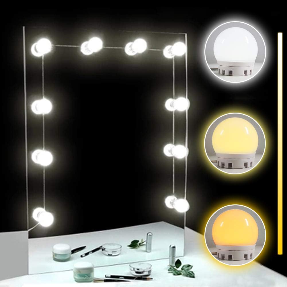 TOMNEW LED Vanity Mirror Lights Kit, 10 Adjustable Hollywood Makeup Vanity Mirror Light Bulbs, Cool and Warm Brightness Dimmable Bath Mirror Lamps for Dressing Table (White & Yellow Light)