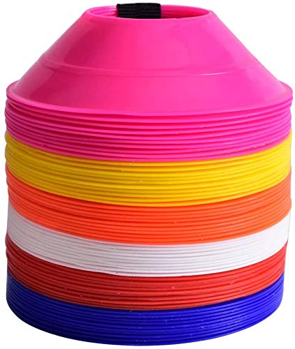 Kosma Set of 60 Mini Multi Sports Space Marker Cones - Multicolor Cone Set with Carry Strap - 10 cones of 6 (Blue, orange, Pink, White, Yellow & Red)