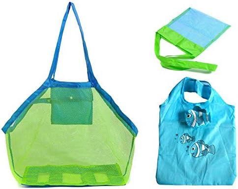 Mybestfurn Pack Of 3 Child Toy Bag Set - Large Size Mesh Toy Bag Sand Away Beach Tote Small Size Children Carry Toys Shell Collect Grid Beach Bag + Clown fish Fordable Shopping Bag - Green &amp; Blue