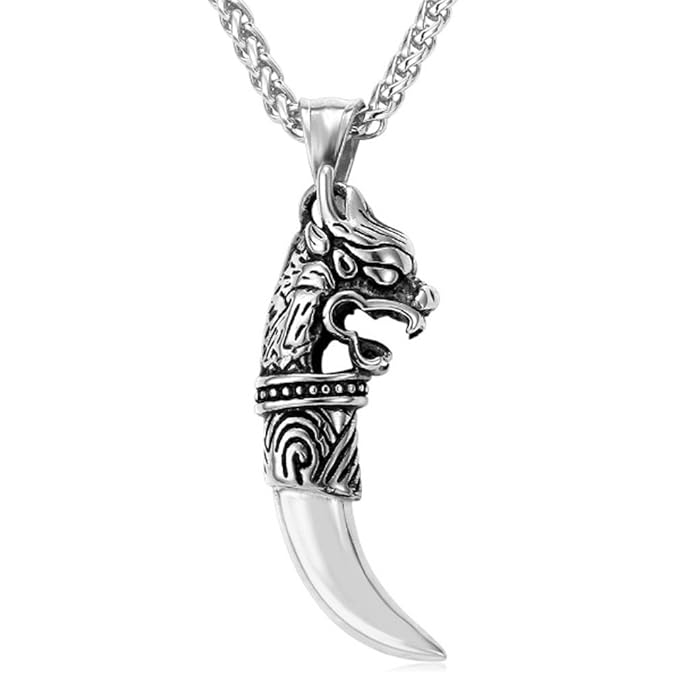 MESE London Totem Halskette aus Drachenzahn mit Platin Uberzogen 'The Dragonborn' in Luxus Geschenkbox