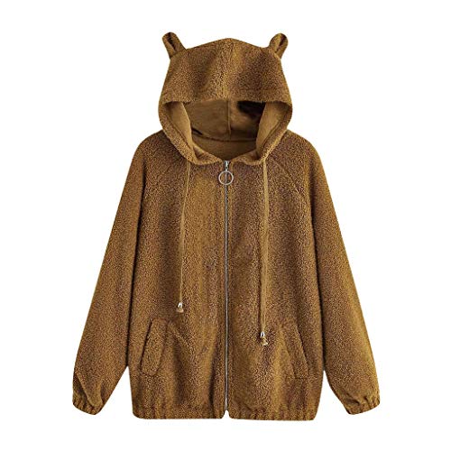 Sanyyanlsy Women's Autumn Casual Solid Color Long Sleeve Bear Ears Pocket Hoodie Jacket Coat Ladies Winter Pullover Tops Khaki