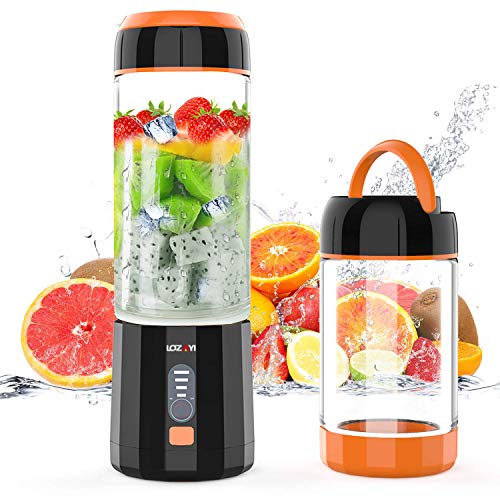 Portable Blender, LOZAYI Small Personal Blender Travel USB Rechargeable Juicer Cup for Shakes and Smoothies, Cordless Single Serve Fruit Mixer Mini Blender with Led Displayer for Outdoor Travel Home Office，Borosilicate Glass (Orange)