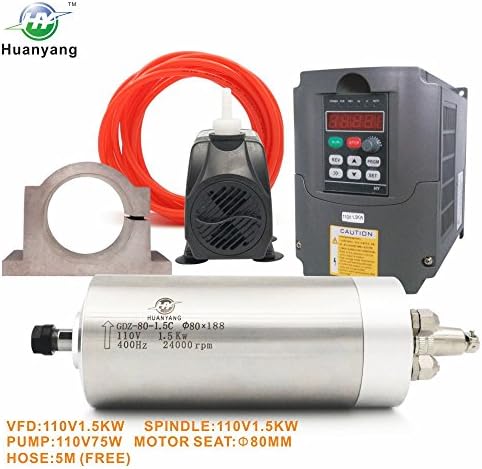 VFD CNC Spindle Motor Kits with 110V 1.5KW VFD+110V 1.5KW 3 bearings Water Cooled Spindle Motor+110V 75W Water Pump+80mm Motor Seat+5m Water Pipe (110V-1.5KW VFD,3 bearings motor)