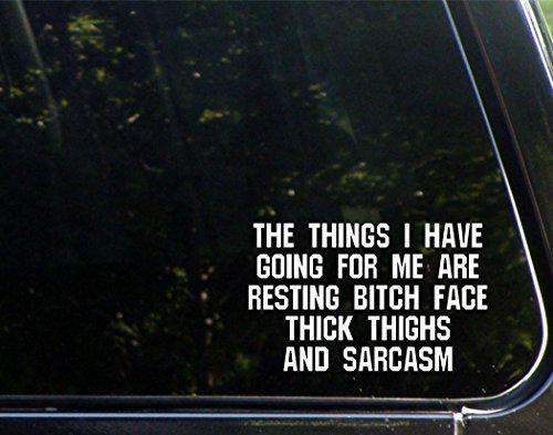 The Things I Have Going For Me Are: Resting Bitch Face, Thick Thighs and Sarcasm - 6Car Stickers Funny Bumper Stickers Novelty for Cars Windows Truck Laptop Vinyl Decal Stickers 1/4 x 3-3/4