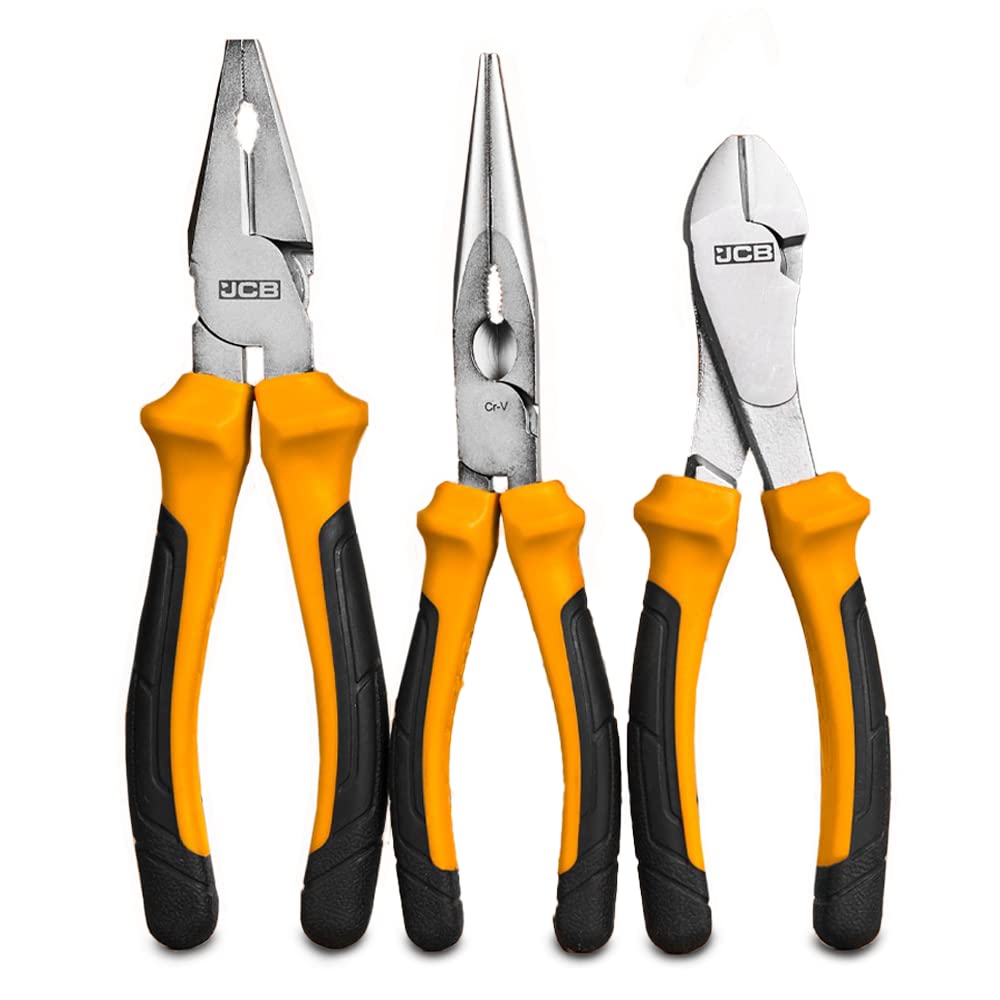 JCB - 3 Piece Pliers Set - Includes 8" Combination, 8" Long Nose, 7" Diagonal Cutters - Safe Grip, Hardened Blades, Chrome Vanadium Steel