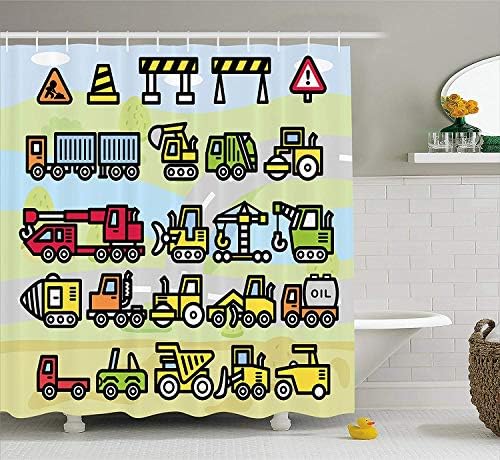 tgyew Boy's Shower Curtain, Excavator Loader Machines Signs and Vehicles in Cartoon Style Drawing for Toddlers, Cloth Fabric Bathroom Decor Set with Hooks, 60 * 72inch, Multicolor
