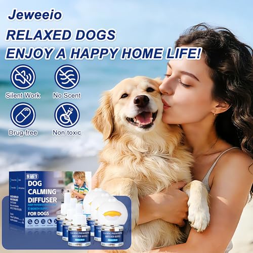 Jeweeio 9 In 1 Dog Calming Pheromone Diffuser (3 Plug in + 6 Refills), Relief Anxiety, Storm Stress & Indoor Behavior Support, 180 Day Long Lasting Refill, Natural Odorless Safe Formula