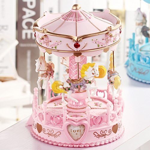 POPgifts Laxury Carousel Music Box,4-Horses Rotate and Automatic Lifting,Large Crown Design,Pink by POPgifts