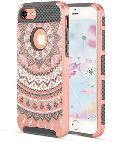 iPhone 7 Case iPhone 7S Case YCAun Slim Fit Hybrid Dual Layer Scratch Resistant Hard PC Shell Inner Shock-Absorption Soft TPU Bumper Armor Defender Protective Cover Mandala Floral[Rose Gold/Gray]
