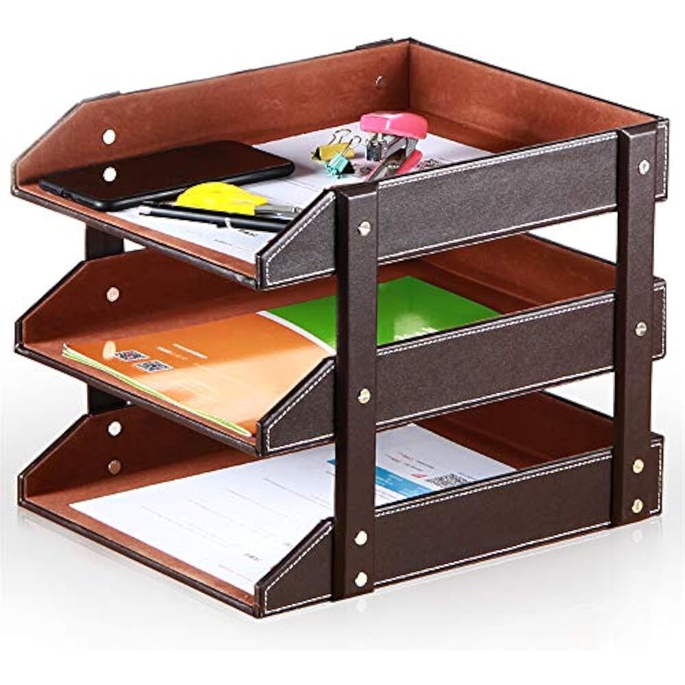 3Tier Stacking Leather Letter Trays Office Desk Supply Organizer