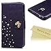 S5 Case,Samsung Galaxy S5 Case - Mavis's Diary 3D Handmade Wallet Embossed Floral Bling Crystal Diamonds Shiny Gems Butterfly PU Leather Flip Cover with Hand Strap Magnetic Clasp Card Holders - Purple