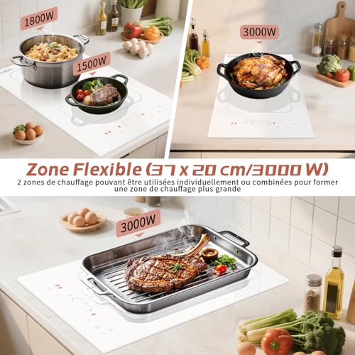 Cooksir White Induction Hob with 2 Burns, Built-in Induction Hob 30 cm with Plug, Flexible Zone, 3500 W, Touch Slider, Safety Lock, 230 V, 16 A
