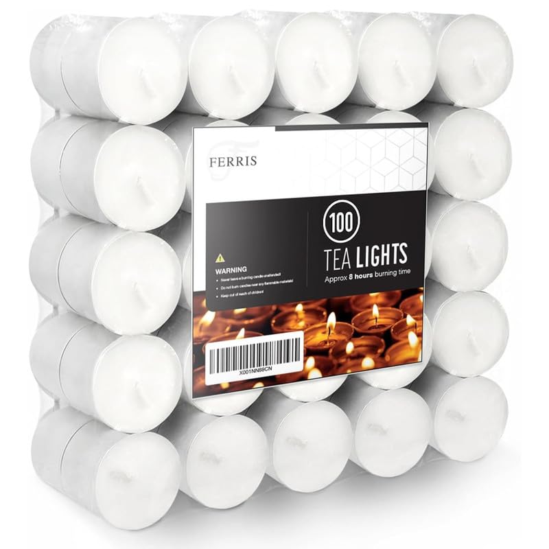 FERRIS | 8-Hour Premium Tea Light Candles - 100 Pack | Unscented, Clean-Burning Paraffin Wax | Lead-Free Cotton Wicks | Ideal for Home, Weddings, Parties, Spa, Indoor & Outdoor Use