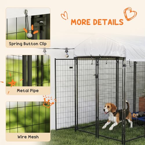 PawHut 8' x 4' x 6' Dog Run Outdoor, Large Outdoor Dog Kennel Welded Wire Steel Fence with UV-Resistant & Waterproof Cover, Secure Lock, Silver