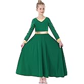 TLMNU Girls Praise Dance Dress Metallic Gold Liturgical Worship Church Robe Full Length Swing Lyrical Costume,Green,Tag120,5-6 Years