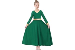 TLMNU Girls Praise Dance Dress Metallic Gold Liturgical Worship Church Robe Full Length Swing Lyrical Costume