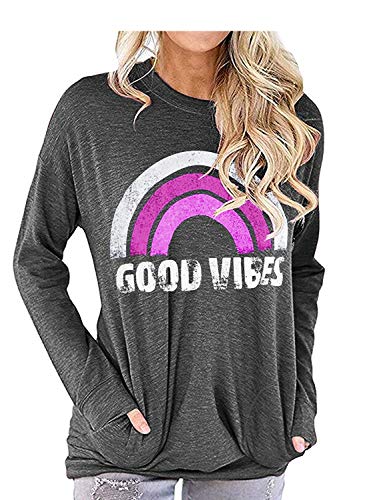 Hount Long Sleeve Blouses for Women Casual Loose Fitting Tops Shirts Good Vibes Round Neck Pockets Tunic Sweatshirt (Small, Purple Rainbow)