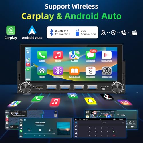 Autoradio 1 DIN Bluetooth avec sans Fil CarPlay et Android Auto - 6,86 Pouces HD Ecran Tactile,Wireless Autoradio avec Caméra de Recul，Bluetooth,Mirror Link,FM Radio,EQ,Mic,USB,Type-C, Navigation GPS