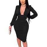 GOBLES Women's Sexy Deep V Neck Long Sleeve Ruched Bodycon Midi Party Dress