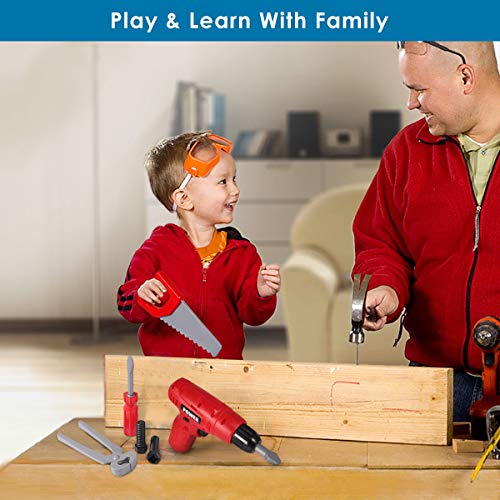 DAPRIL Kids Tool Set, Construction Tool Sets Pretend Play Toys with Electronic Cordless Drill and 14 Pretend Play Construction Accessories, The Best Popular Gift Toys for Boys & Girls