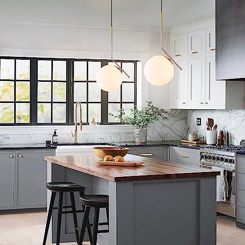 BOKT Lámpara Colgante de Globo Moderna Candelabro de Mediados de Siglo Latón Cepillado Luz Colgante Ajustable con Vidrio Esmerilado Blanco para Isla de Cocina Recámara Comedor (C-25 cm)