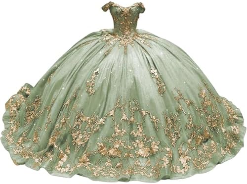 mint green with gold quinceanera dresses Mint Green Off Shoulder Quinceanera Sage Green Prom... From Haiyan4419, $238.62