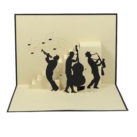 Favour Pop Up Glückwunschkarte. Ein filigranes Kunstwerk, dass beim Öffnen mit einer liebevoll gestalteten Jazz-Band überrasc