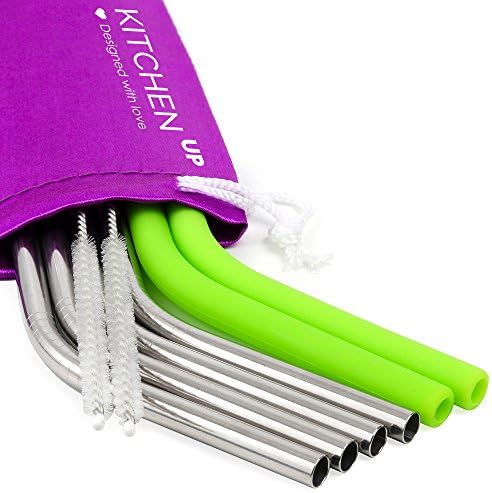 REGULAR SIZE Silicone Straws and Stainless Steel Straws Set - Reusable Straws for 30 oz Tumbler Yeti/Rtic - 6 Reusable Straws + 2 Brushes + 1 Purple Storage Pouch for Silicone and Metal Straws