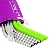 REGULAR SIZE Silicone Straws and Stainless Steel Straws Set - Reusable Straws for 30 oz Tumbler Yeti/Rtic - 6 Reusable Straws + 2 Brushes + 1 Purple Storage Pouch for Silicone and Metal Straws
