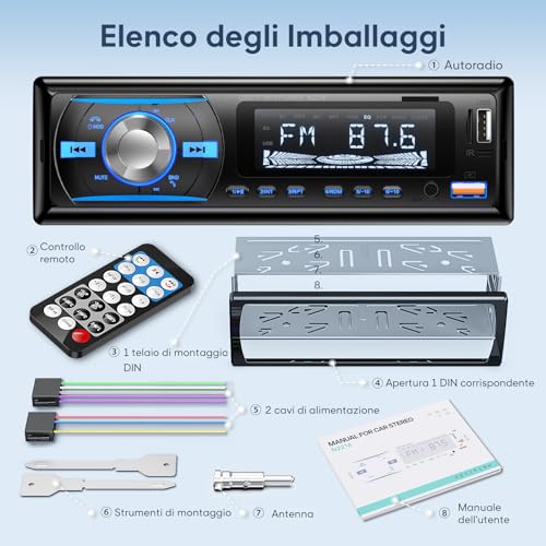 RDS Bluetooth 5.0 Car Radio with Handsfree, Wistrue Car Stereo Bluetooth with 2 USB/AUX/SD,1 DIN Car Radio Supports MP3/WMA/WAV Player, Compatible with iOS and Android