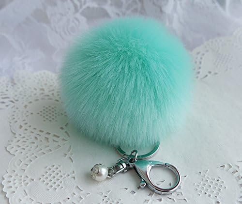 Fluffy Fur Keychain Faux Rabbit Hair Ball Figures Key Ring Pendant (Green Silver)