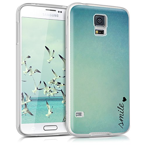 kwmobile Case for Samsung Galaxy S5 / S5 Neo - TPU Silicone Crystal Clear Back Case Protective Cover IMD Design - Smile Heart Blue/Turquoise