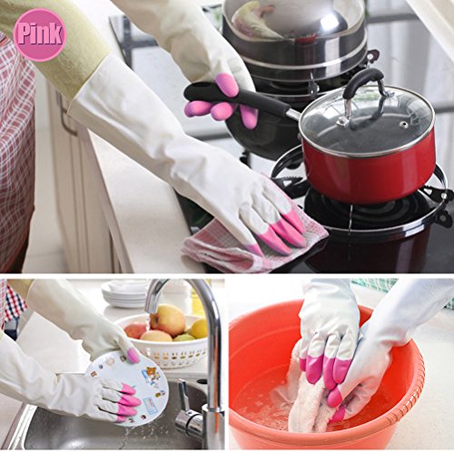 7TECH 2 Pairs Reusable Waterproof Household Gloves, Latex Gloves for Kitchen Wash Dishes Cleaning & Car Cleaning (Pink & Medium) - Thumbnail 5