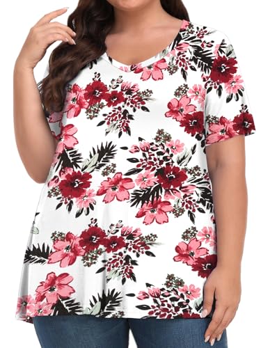 Tencede Womens Plus Size Tops Short Sleeve Tunic Shirts V Neck Summer Floral Loose Fit Blouse Begonia Flower 5X at Amazon
