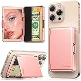 Meifigno Compatible with Mag-Safe Phone Wallet with Mirror & Kickstand, Strong Magnetic Card Holder (3-4 Cards & Cash) Compatible with iPhone 17/16/15/14/13/12 Series, Metal Plating Glossy, Rose Gold